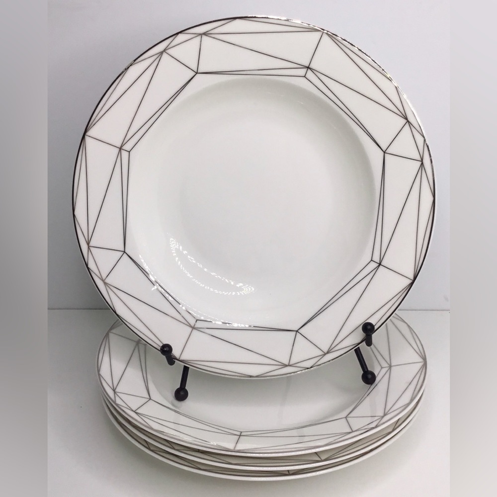 4 Soup Plates 9” Joseph Sedgh Collection Fine Porcelain White Silver Trim Rimmed
